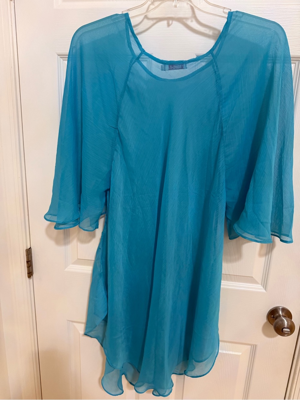 Sheer Teal Flutter Sleeve Womens Top